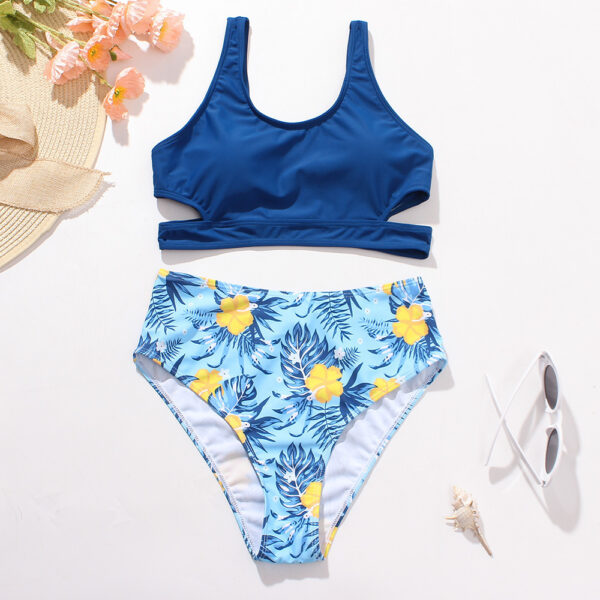 Ladies High Waist Solid Color Printed Swimsuit - Image 2