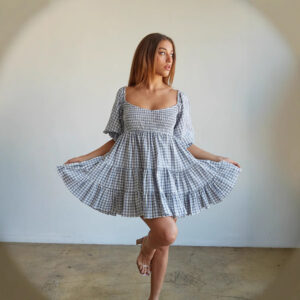 Square Collar Short Sleeve Plaid High Waist Dress