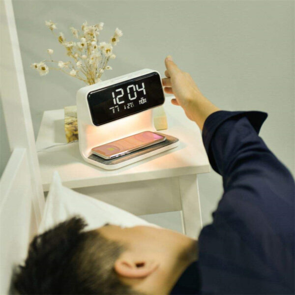 Creative 3 In 1 Bedside Lamp Wireless Charging LCD Screen Alarm Clock  Wireless Phone Charger - Image 2