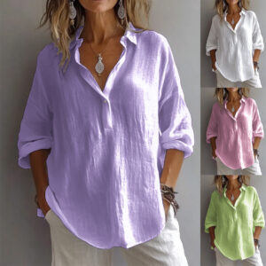 Loose Long Sleeve Linen V-neck Shirt