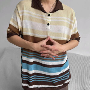 Men's Japanese Loose Striped Lapel Knitted Polo Shirt