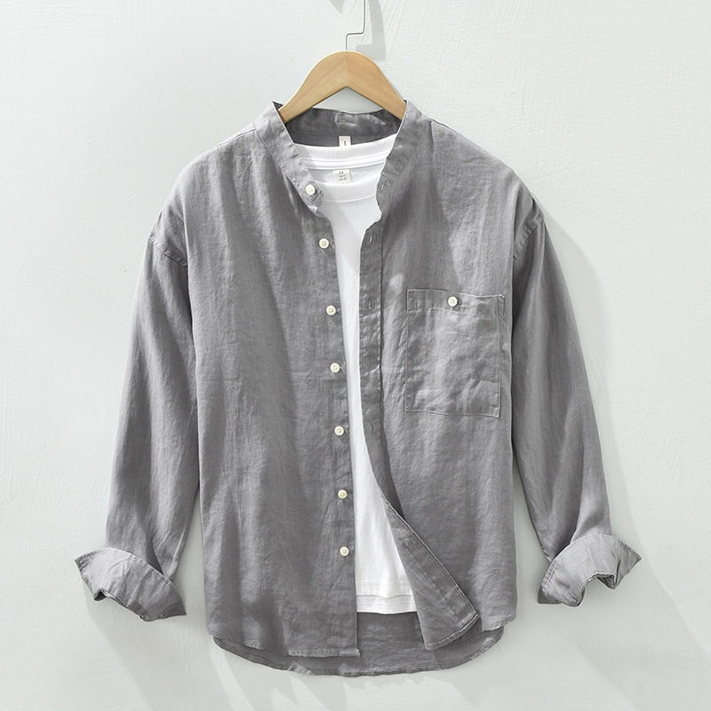 Stand Collar Long Linen Sleeves Shirt Casual Loose - Image 7