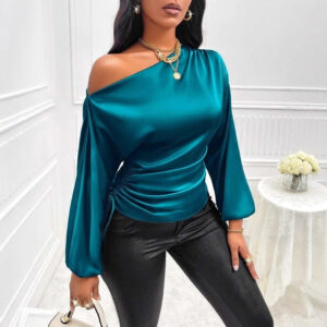 Women's Satin Shirt Asymmetric Long Sleeve Diagonal Collar Shirt Top