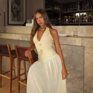 European And American Halter Lace-up Deep V Sexy Girdle Backless Dress