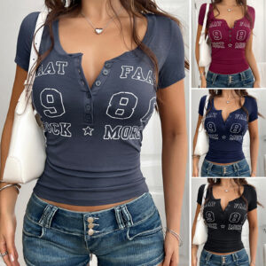 Women's Letter Print Button V-neck Short Sleeve