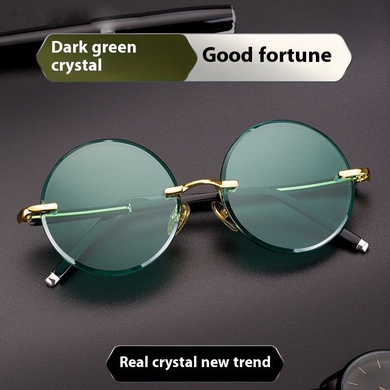 Imitation Crystal Glasses Dark Green Men's Round Sunglasses - Image 2