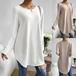 Casual Slit On Both Sides Hem Solid Color Round Neck Long Sleeve T-shirt
