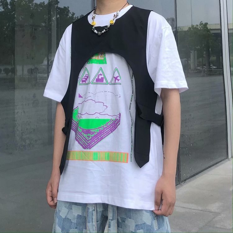 Trendy High Street Solid Color Thin Section Tactical Function Loose Dark Work Undershirt