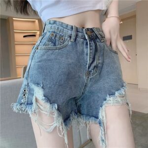 Micro Elastic High Waist Slimming Holes Frayed Vintage Denim Shorts